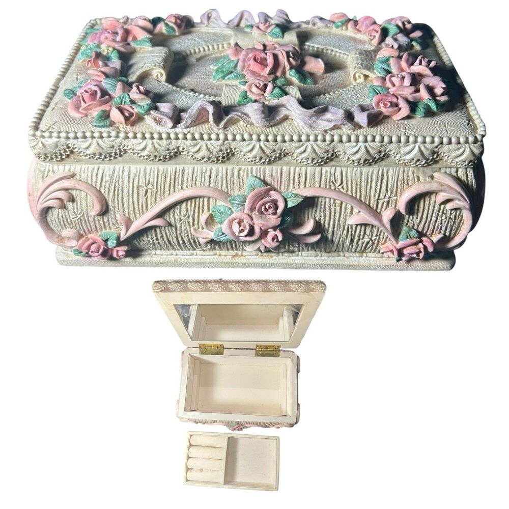Vtg Ornate Cast Resin Jewelry Box Floral, Ribbon, and Beaded Work Design Rare
